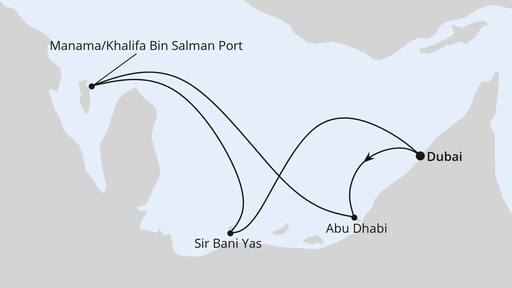 Routenverlauf für Orient ab Dubai 2 mit AIDAprima am 09.03.24 Routenverlauf für Orient ab Dubai 2 mit AIDAprima am 09.03.24