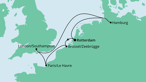 Routenverlauf für Metropolen ab Rotterdam mit AIDAprima am 25.03.24