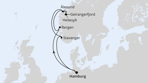 Routenverlauf für Norwegen ab Hamburg mit AIDAprima am 06.04.24 Routenverlauf für Norwegen ab Hamburg mit AIDAprima am 06.04.24