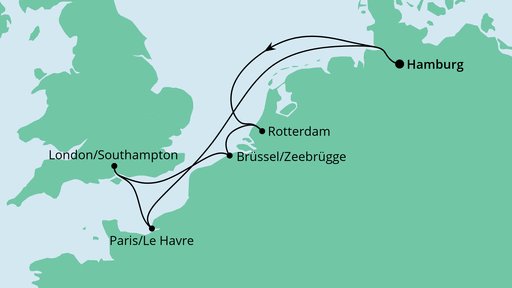 Routenverlauf für Metropolen ab Hamburg mit AIDAprima am 13.04.24 Routenverlauf für Metropolen ab Hamburg mit AIDAprima am 13.04.24