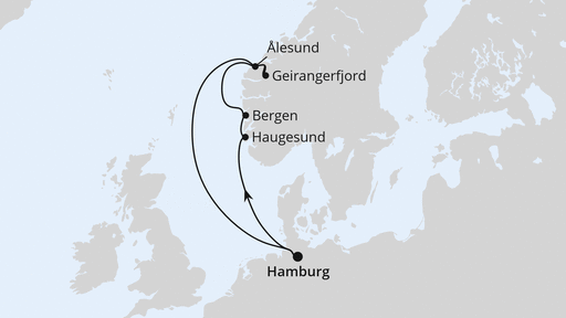 Routenverlauf für Norwegen ab Hamburg mit AIDAprima am 18.05.24 Routenverlauf für Norwegen ab Hamburg mit AIDAprima am 18.05.24