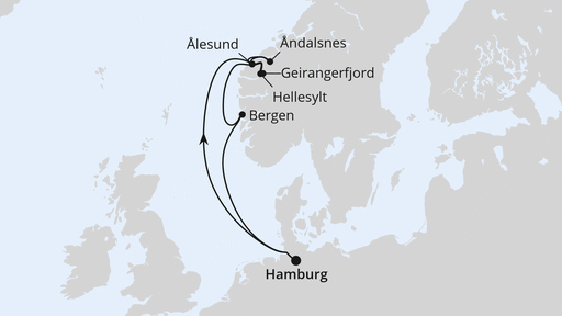 Routenverlauf für Norwegen ab Hamburg mit AIDAprima am 15.06.24 Routenverlauf für Norwegen ab Hamburg mit AIDAprima am 15.06.24