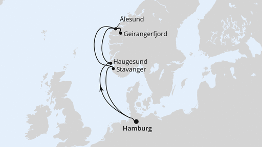Routenverlauf für Norwegen ab Hamburg mit AIDAprima am 13.07.24 Routenverlauf für Norwegen ab Hamburg mit AIDAprima am 13.07.24