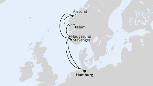 Routenverlauf für Norwegen ab Hamburg mit AIDAprima am 27.07.24 Routenverlauf für Norwegen ab Hamburg mit AIDAprima am 27.07.24