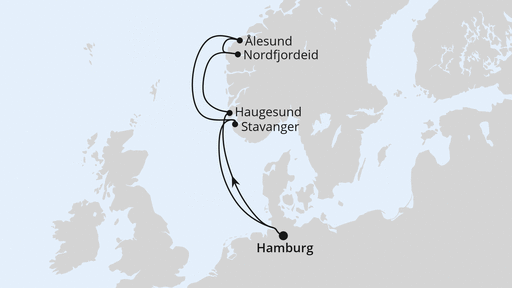 Routenverlauf für Norwegen ab Hamburg mit AIDAprima am 10.08.24
