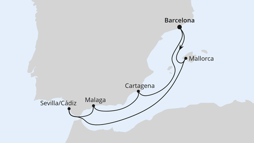 Routenverlauf für Spanische Mittelmeerküste ab Barcelona mit AIDAprima am 11.04.25