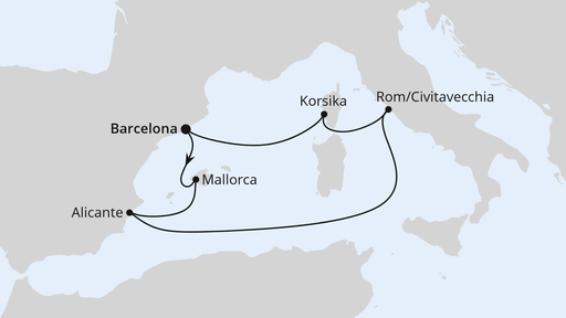 Routenverlauf für Osterreise durchs Mittelmeer ab Barcelona mit AIDAprima am 18.04.25