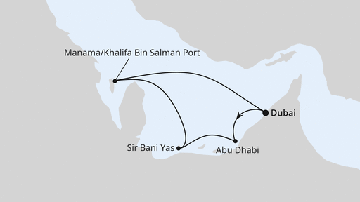 Routenverlauf für Orient ab Dubai 2 mit AIDAprima am 12.12.25 Routenverlauf für Orient ab Dubai 2 mit AIDAprima am 12.12.25
