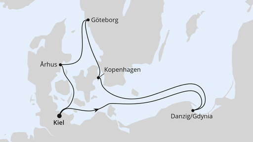 Routenverlauf für Schweden, Polen & Dänemark ab Kiel mit AIDAprima am 22.02.26