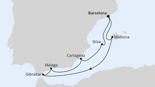 Routenverlauf für Mediterrane Schätze mit Gibraltar ab Barcelona mit AIDAprima am 27.03.26