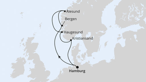 Routenverlauf für Norwegen ab Hamburg mit AIDAprima am 01.06.26 Routenverlauf für Norwegen ab Hamburg mit AIDAprima am 01.06.26