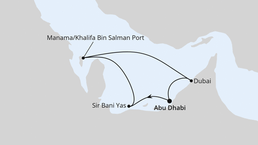 Routenverlauf für Orient ab Abu Dhabi mit AIDAprima am 03.01.27 Routenverlauf für Orient ab Abu Dhabi mit AIDAprima am 03.01.27