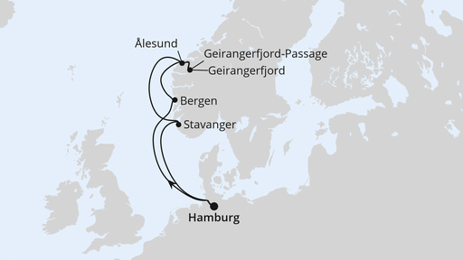 Routenverlauf für Norwegens Welterbe ab Hamburg mit AIDAprima am 01.10.27 Routenverlauf für Norwegens Welterbe ab Hamburg mit AIDAprima am 01.10.27