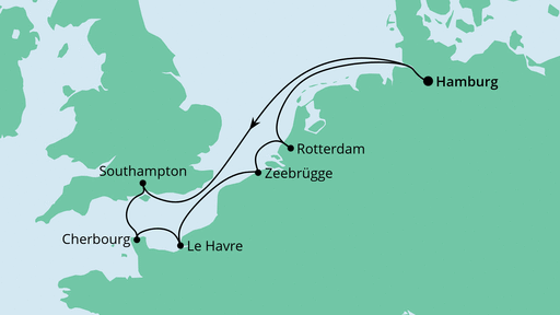 Routenverlauf für Metropolen ab Hamburg mit Cherbourg mit AIDAprima am 18.02.22