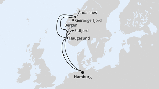 Routenverlauf für Norwegens Fjord-Weltnaturerbe ab Hamburg 3 mit AIDAprima am 13.05.26 Routenverlauf für Norwegens Fjord-Weltnaturerbe ab Hamburg 3 mit AIDAprima am 13.05.26