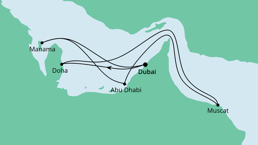 Routenverlauf für Orient ab Dubai mit Katar mit AIDAprima am 21.10.20 Routenverlauf für Orient ab Dubai mit Katar mit AIDAprima am 21.10.20