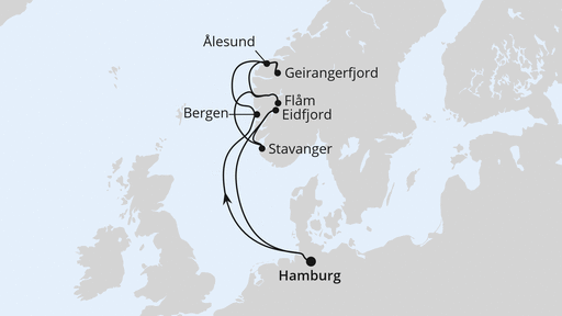 Routenverlauf für Norwegens Fjord-Weltnaturerbe ab Hamburg mit AIDAprima am 03.10.25 Routenverlauf für Norwegens Fjord-Weltnaturerbe ab Hamburg mit AIDAprima am 03.10.25