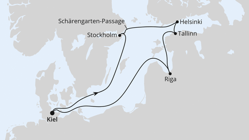 Routenverlauf für Weihnachtsmärkte in der Ostsee ab Kiel mit AIDAprima am 11.12.25 Routenverlauf für Weihnachtsmärkte in der Ostsee ab Kiel mit AIDAprima am 11.12.25