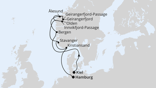 Routenverlauf für Norwegens Fjord-Weltnaturerbe ab Kiel mit AIDAprima am 12.04.26