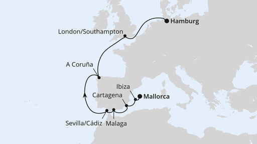 Routenverlauf für Von Mallorca nach Hamburg mit AIDAprima am 27.04.24 Routenverlauf für Von Mallorca nach Hamburg mit AIDAprima am 27.04.24