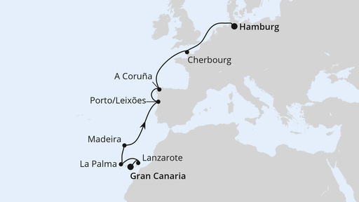 Routenverlauf für Von Gran Canaria nach Hamburg mit AIDAprima am 26.04.25