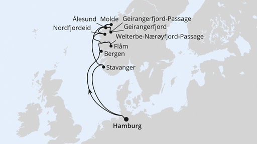Routenverlauf für Norwegens Fjord-Weltnaturerbe ab Hamburg 1 mit AIDAprima am 01.07.27