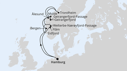Routenverlauf für Norwegens Fjord-Weltnaturerbe ab Hamburg 1 mit AIDAprima am 13.09.27