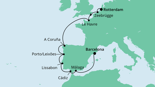 Routenverlauf für Von Rotterdam nach Barcelona mit AIDAprima am 29.11.21