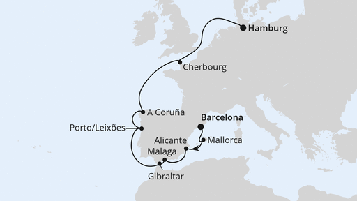 Routenverlauf für Von Barcelona nach Hamburg mit AIDAprima am 25.04.25