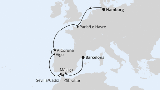 Routenverlauf für Von Hamburg nach Barcelona mit AIDAprima am 14.10.25 Routenverlauf für Von Hamburg nach Barcelona mit AIDAprima am 14.10.25