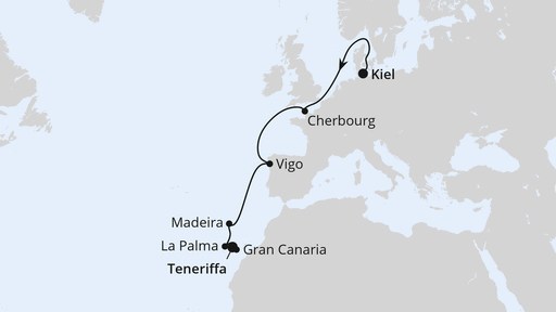 Routenverlauf für Europas Atlantikküste ab Kiel mit AIDAprima am 09.01.26 Routenverlauf für Europas Atlantikküste ab Kiel mit AIDAprima am 09.01.26