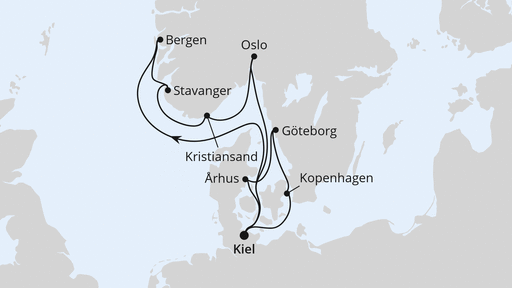 Routenverlauf für Skandinavische Highlights mit Südnorwegen ab Kiel mit AIDAprima am 01.03.26