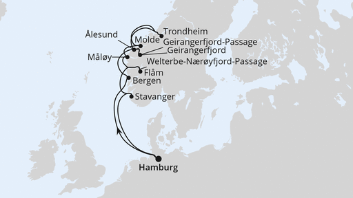 Routenverlauf für Norwegens Fjord-Weltnaturerbe ab Hamburg 2 mit AIDAprima am 30.04.26