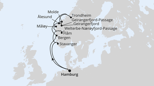 Routenverlauf für Norwegens Fjord-Weltnaturerbe ab Hamburg 2 mit AIDAprima am 21.05.26