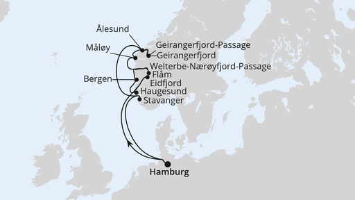Routenverlauf für Norwegens Fjord-Weltnaturerbe ab Hamburg 2 mit AIDAprima am 21.06.26