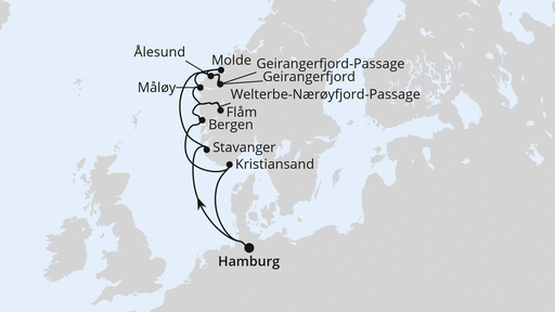 Routenverlauf für Norwegens Fjord-Weltnaturerbe ab Hamburg 2 mit AIDAprima am 12.07.26