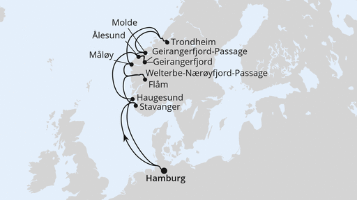 Routenverlauf für Norwegens Fjord-Weltnaturerbe ab Hamburg 2 mit AIDAprima am 02.08.26