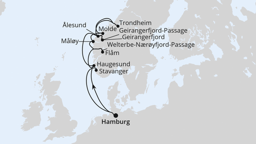 Routenverlauf für Norwegens Fjord-Weltnaturerbe ab Hamburg 2 mit AIDAprima am 13.08.26