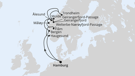 Routenverlauf für Norwegens Fjord-Weltnaturerbe ab Hamburg 2 mit AIDAprima am 14.09.26