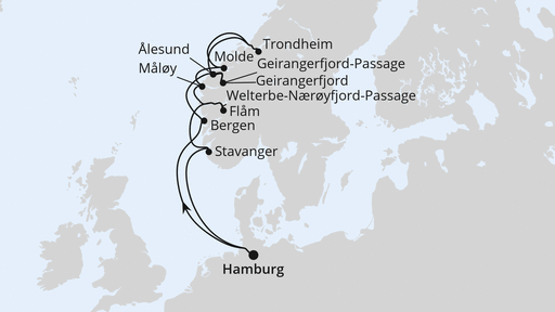 Routenverlauf für Norwegens Fjord-Weltnaturerbe ab Hamburg 2 mit AIDAprima am 01.08.27