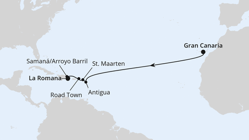 Routenverlauf für Von Gran Canaria über Antigua in die Dom. Republik mit AIDAprima am 14.11.27