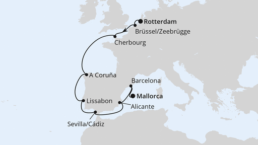 Routenverlauf für Von Rotterdam nach Mallorca mit AIDAprima am 28.10.24 Routenverlauf für Von Rotterdam nach Mallorca mit AIDAprima am 28.10.24