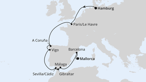 Routenverlauf für Von Hamburg nach Mallorca mit AIDAprima am 14.10.25 Routenverlauf für Von Hamburg nach Mallorca mit AIDAprima am 14.10.25