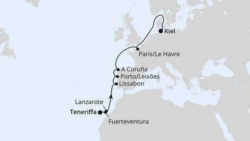 Routenverlauf für Europas Atlantikküste ab Teneriffa mit AIDAprima am 20.01.26 Routenverlauf für Europas Atlantikküste ab Teneriffa mit AIDAprima am 20.01.26