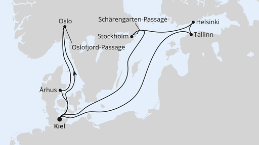 Routenverlauf für Ostsee-Reise mit Biathlon-Weltcup in Oslo ab Kiel mit AIDAprima am 17.03.26 Routenverlauf für Ostsee-Reise mit Biathlon-Weltcup in Oslo ab Kiel mit AIDAprima am 17.03.26