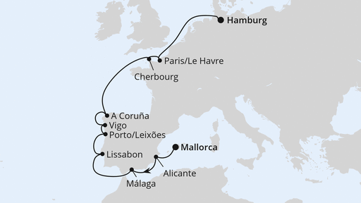Routenverlauf für Von Mallorca nach Hamburg 2 mit AIDAprima am 11.04.26