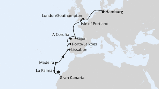 Routenverlauf für Von Gran Canaria über Portugal nach Hamburg mit AIDAprima am 08.05.27