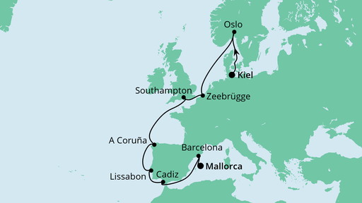 Routenverlauf für Von Kiel nach Mallorca mit AIDAprima am 19.09.20