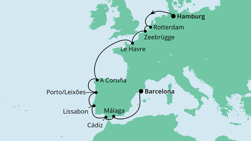 Routenverlauf für Von Hamburg nach Barcelona mit AIDAprima am 27.11.21 Routenverlauf für Von Hamburg nach Barcelona mit AIDAprima am 27.11.21