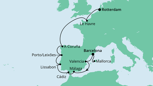 Routenverlauf für Von Barcelona nach Rotterdam mit AIDAprima am 18.02.22 Routenverlauf für Von Barcelona nach Rotterdam mit AIDAprima am 18.02.22